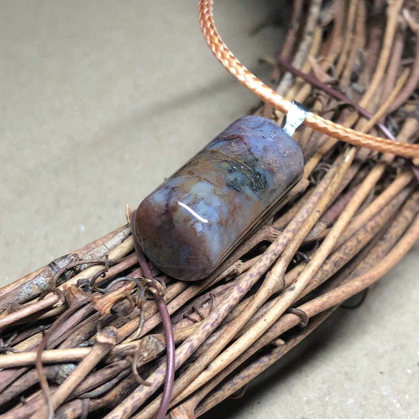 Indian Agate barrel beige cord necklace