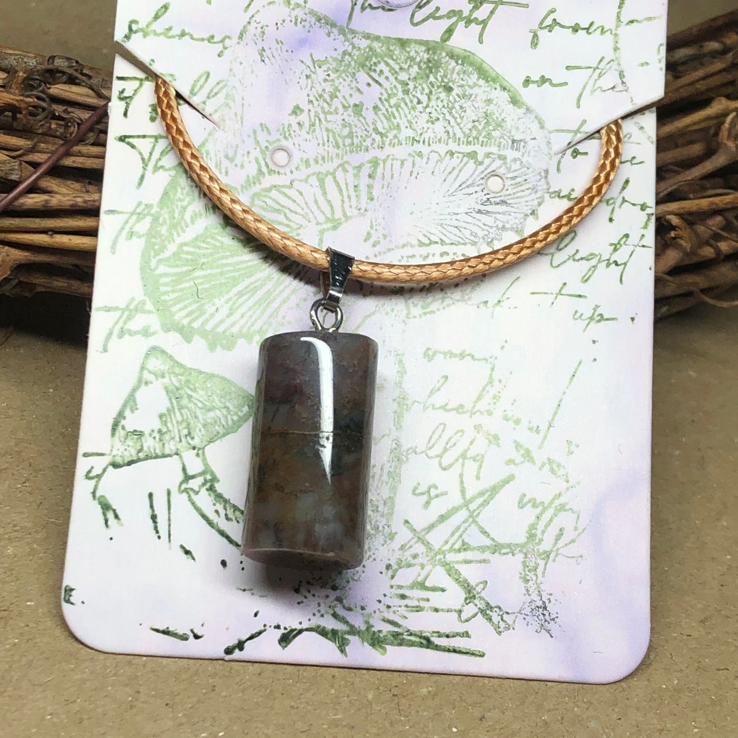 Indian Agate barrel beige cord necklace