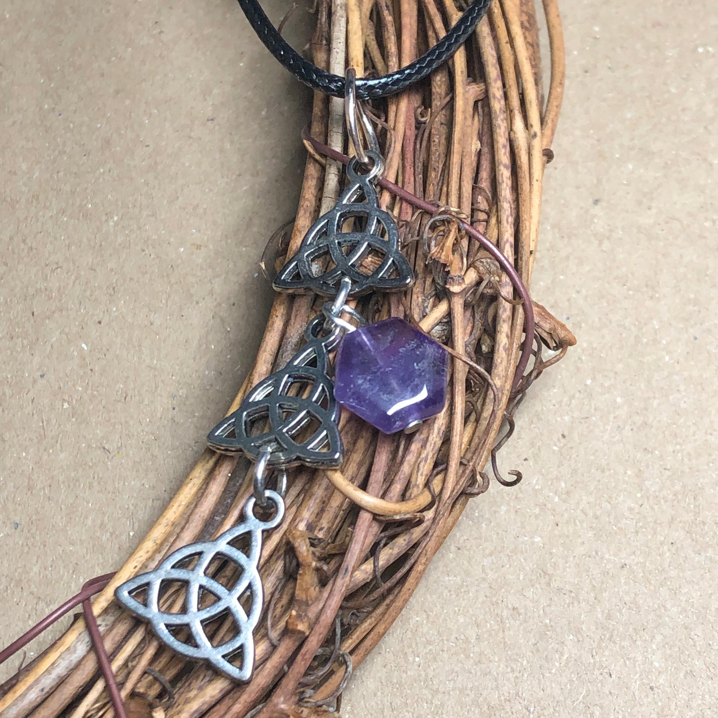 Triquettra and Amethyst black cord necklace