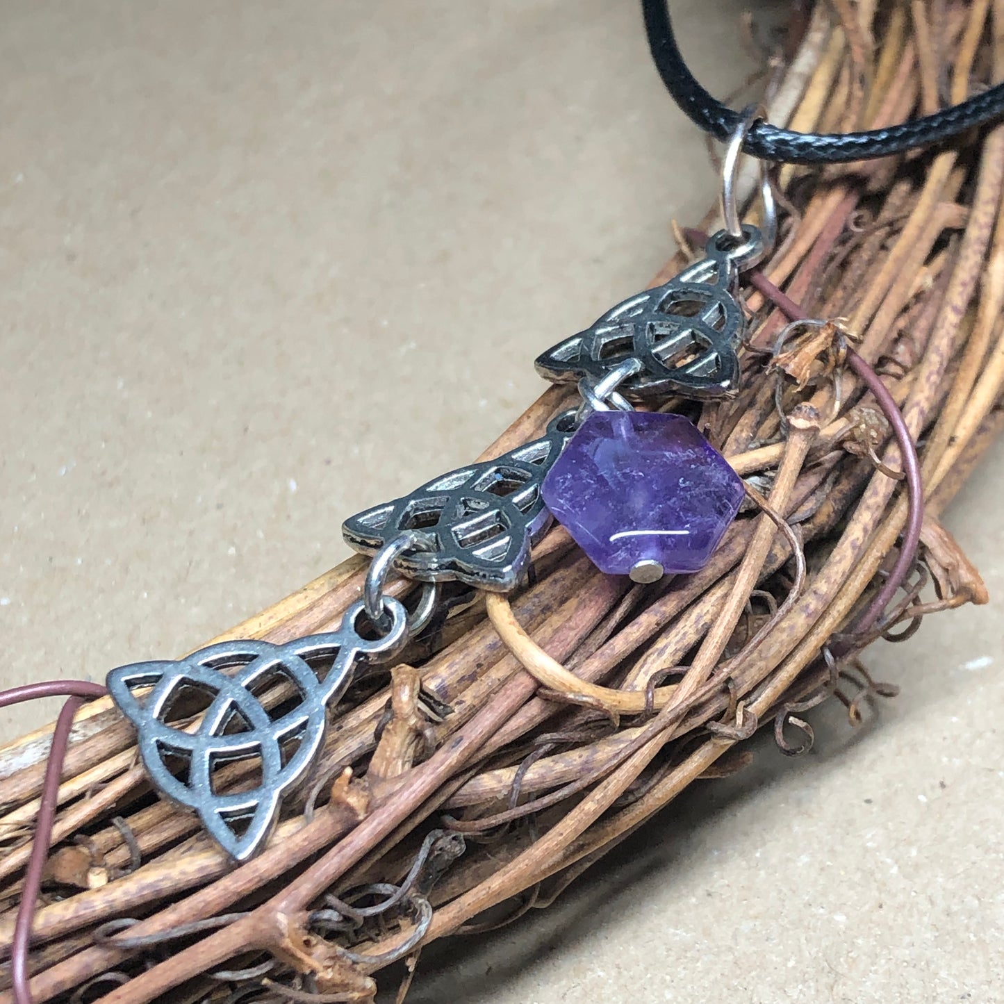 Triquettra and Amethyst black cord necklace