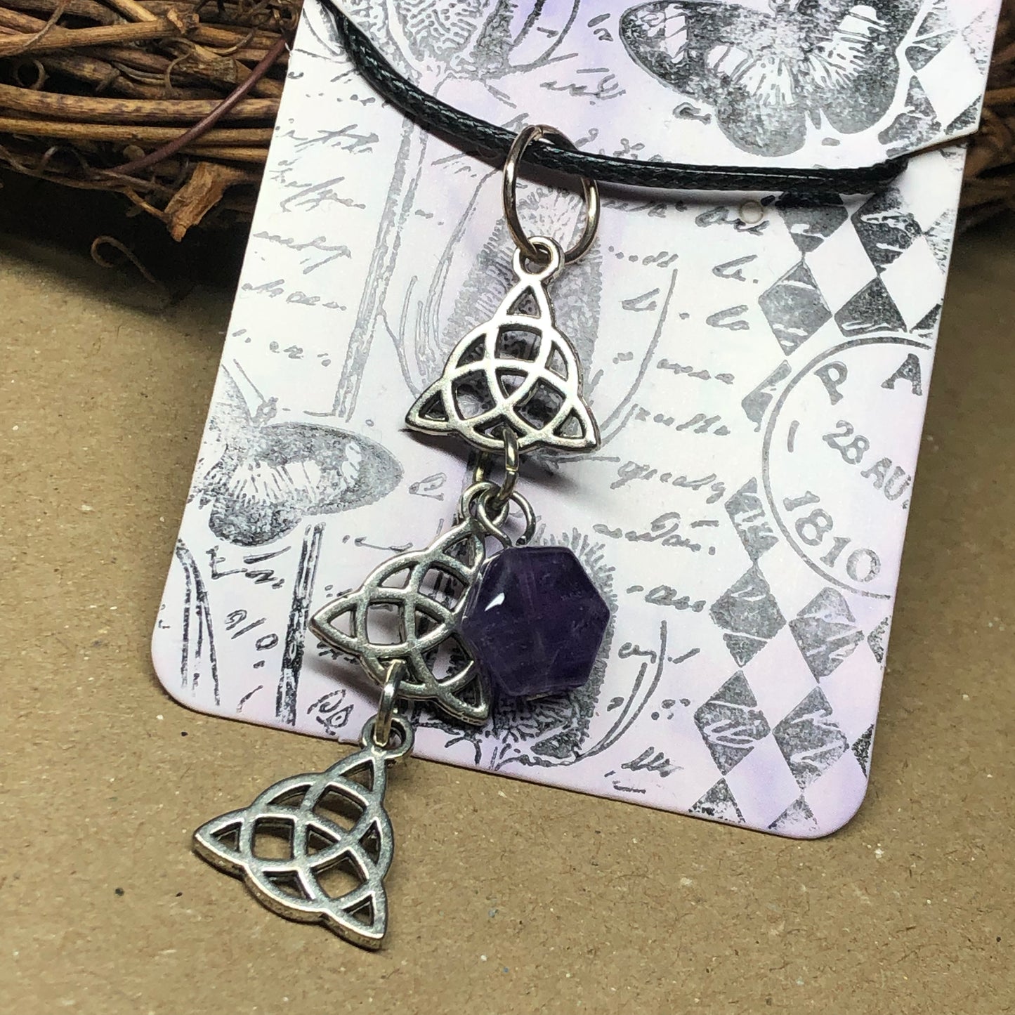 Triquettra and Amethyst black cord necklace