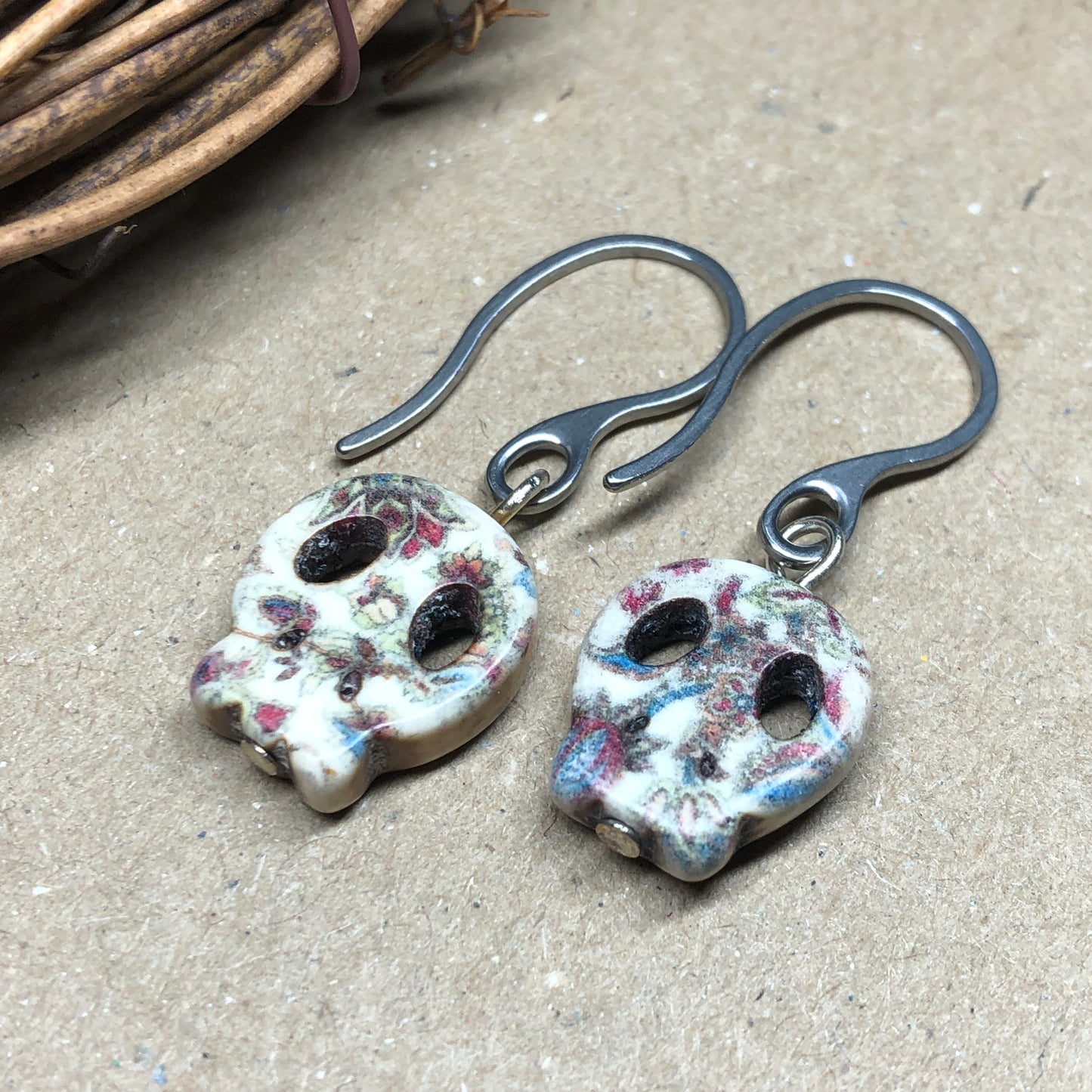 Printed floral skull Howlite earrings