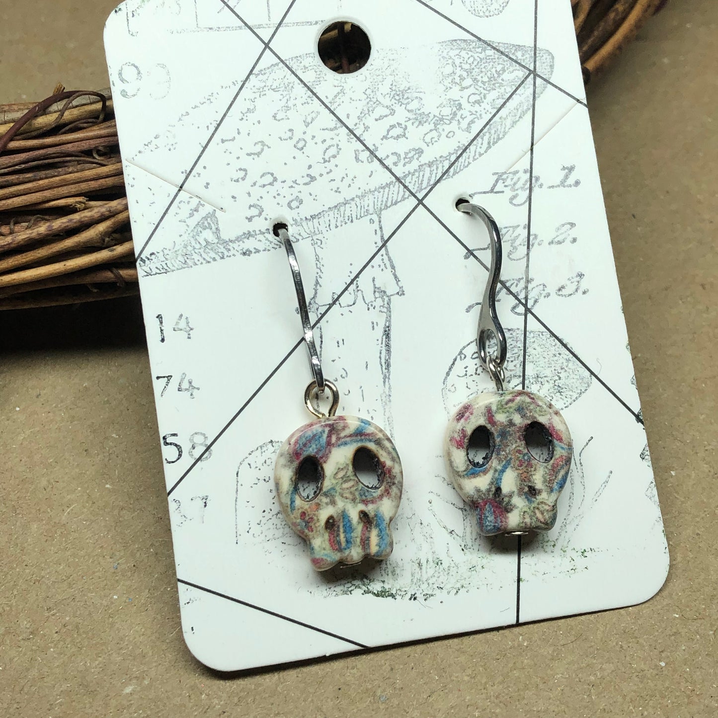 Printed floral skull Howlite earrings