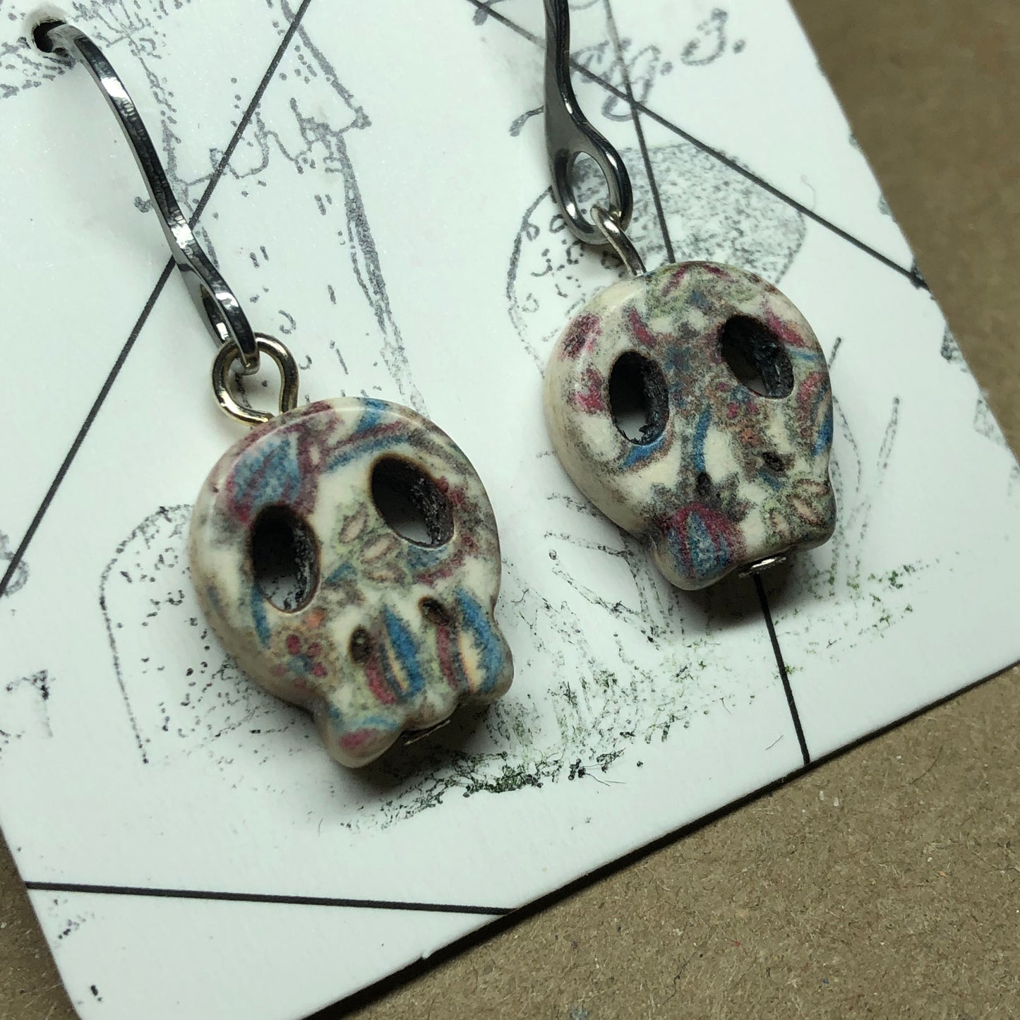 Printed floral skull Howlite earrings