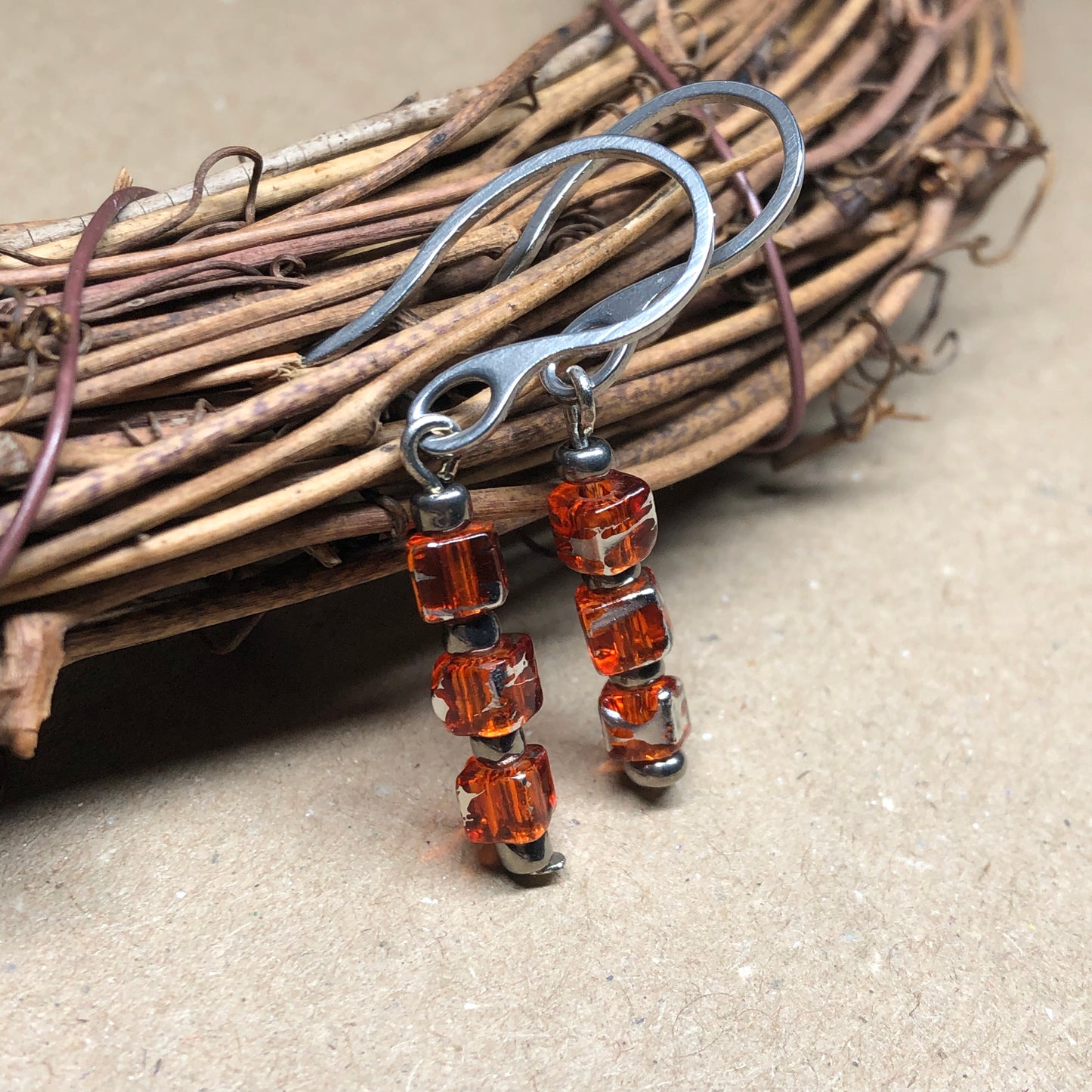 Orange glass cube earrings