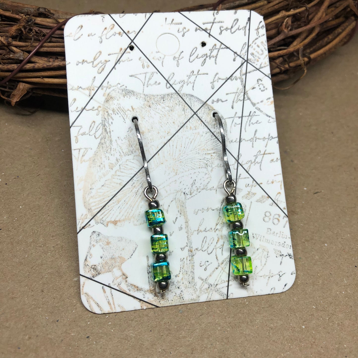 Steel lime green glass cube earrings