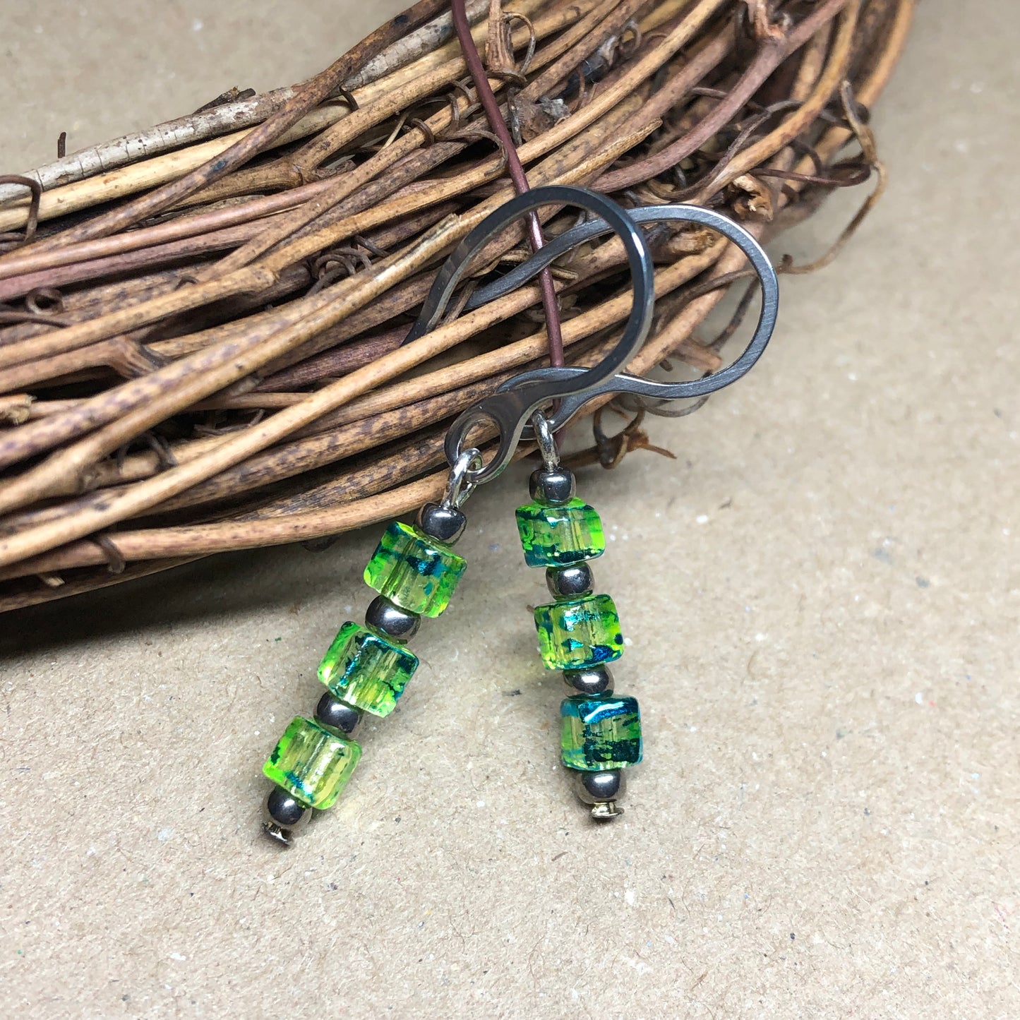 Steel lime green glass cube earrings