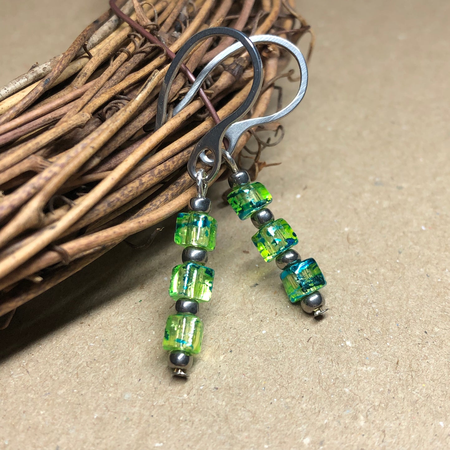 Steel lime green glass cube earrings