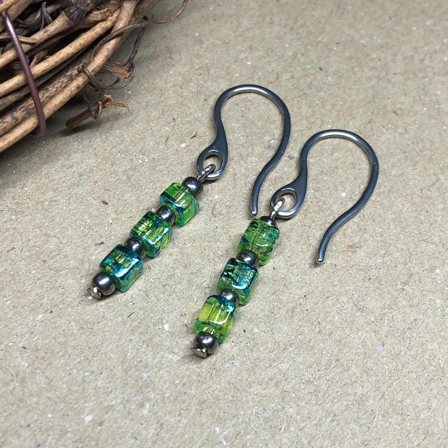 Steel lime green glass cube earrings