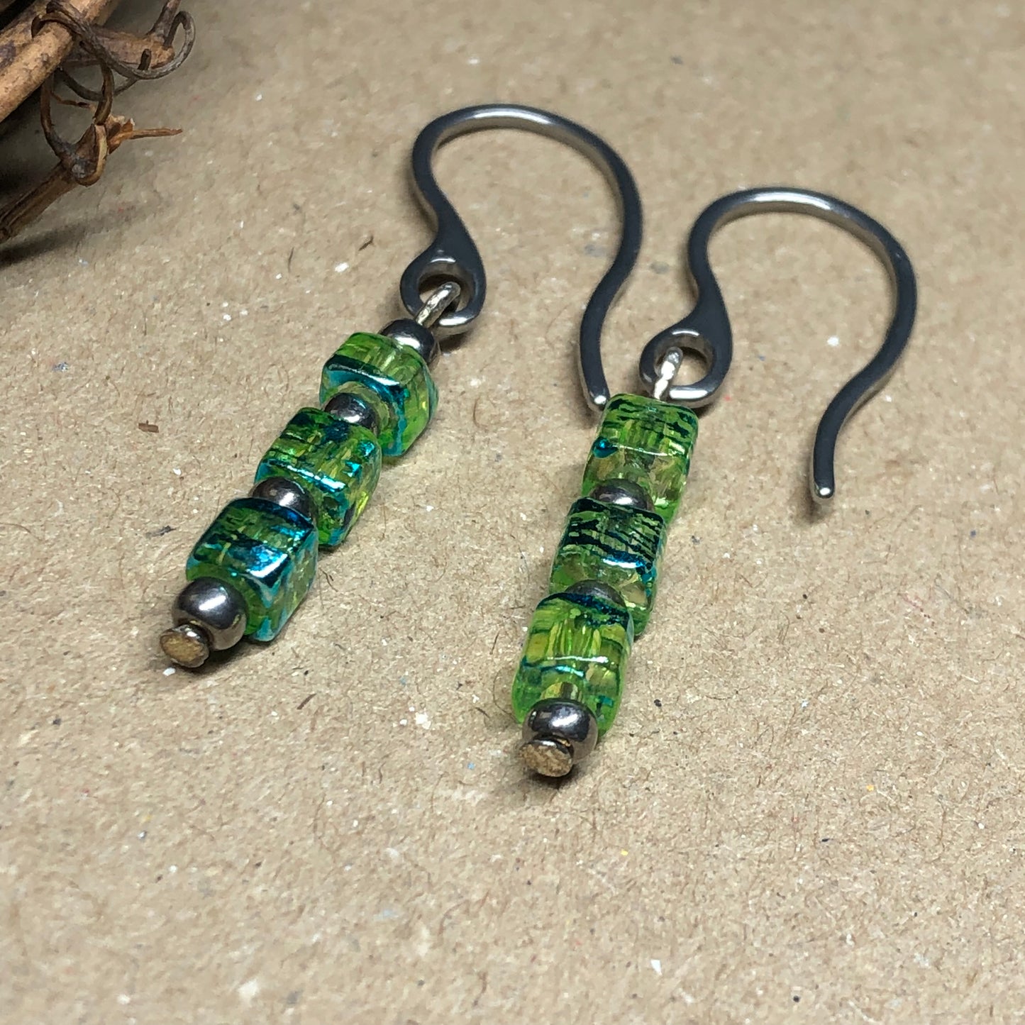 Steel lime green glass cube earrings