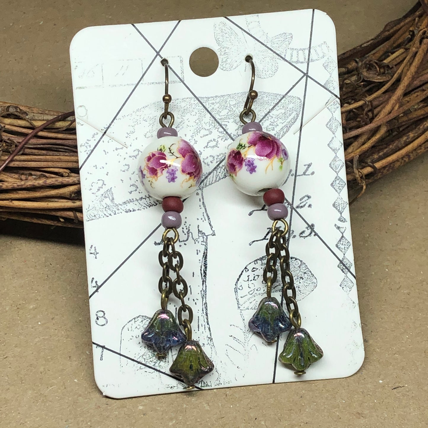 Rose printed porcelain dangle earrings