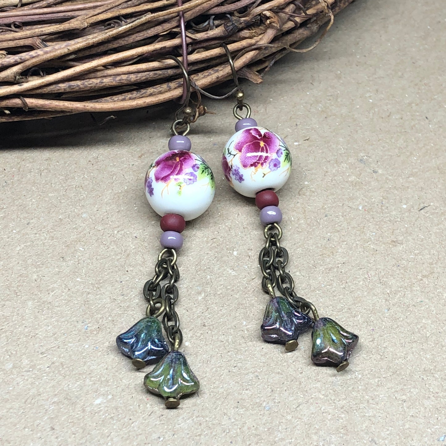 Rose printed porcelain dangle earrings