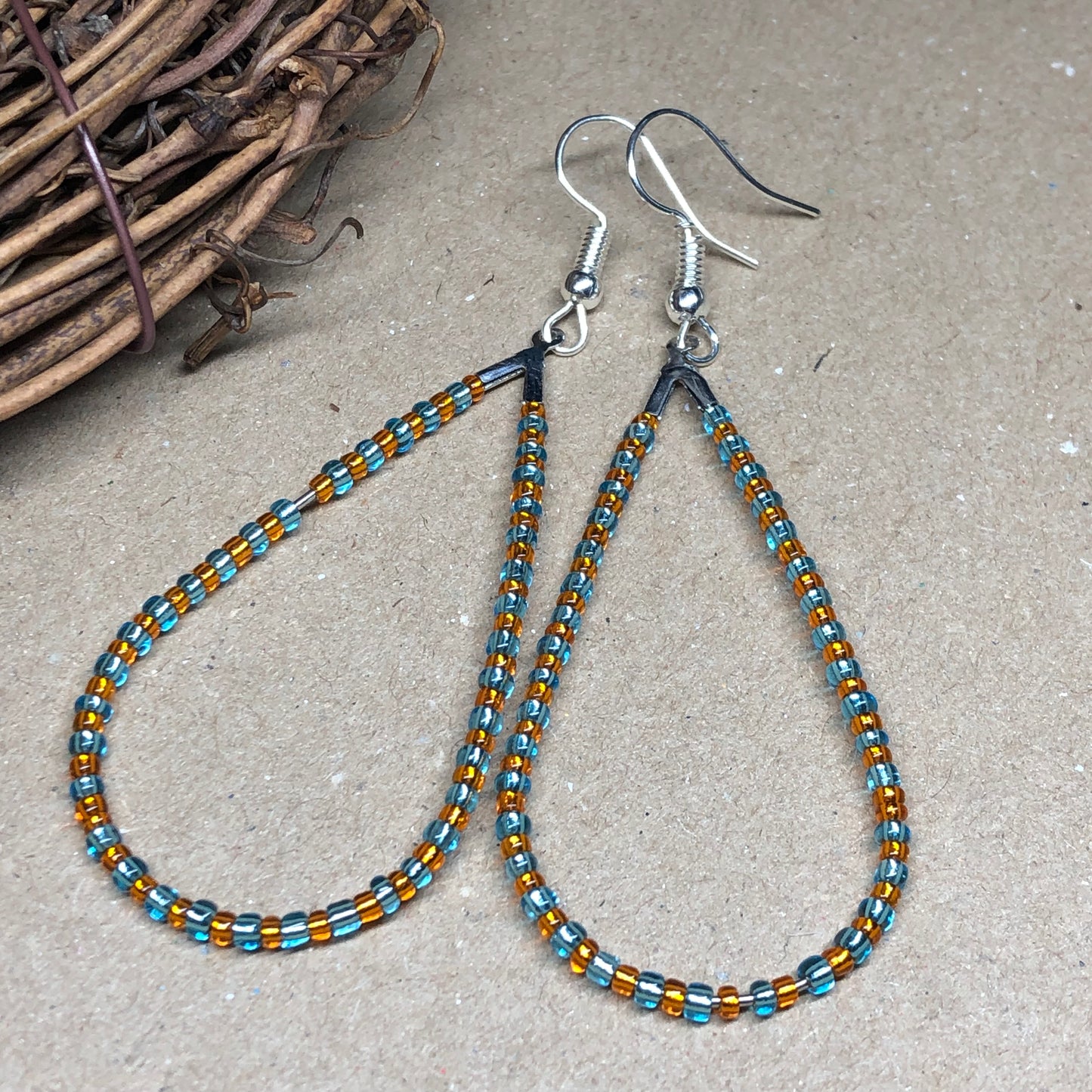 Orange and turquoise teardrop hoop earrings