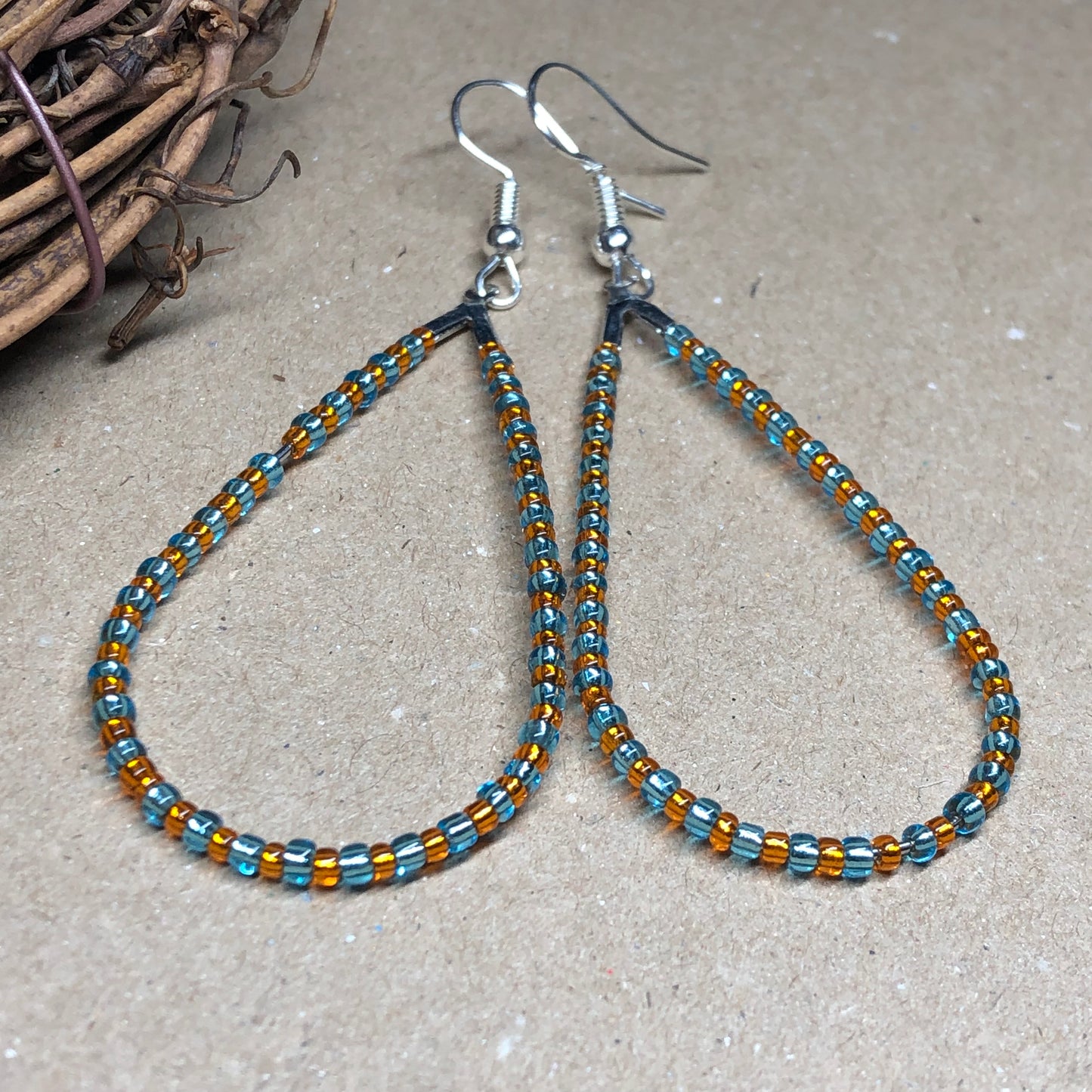 Orange and turquoise teardrop hoop earrings