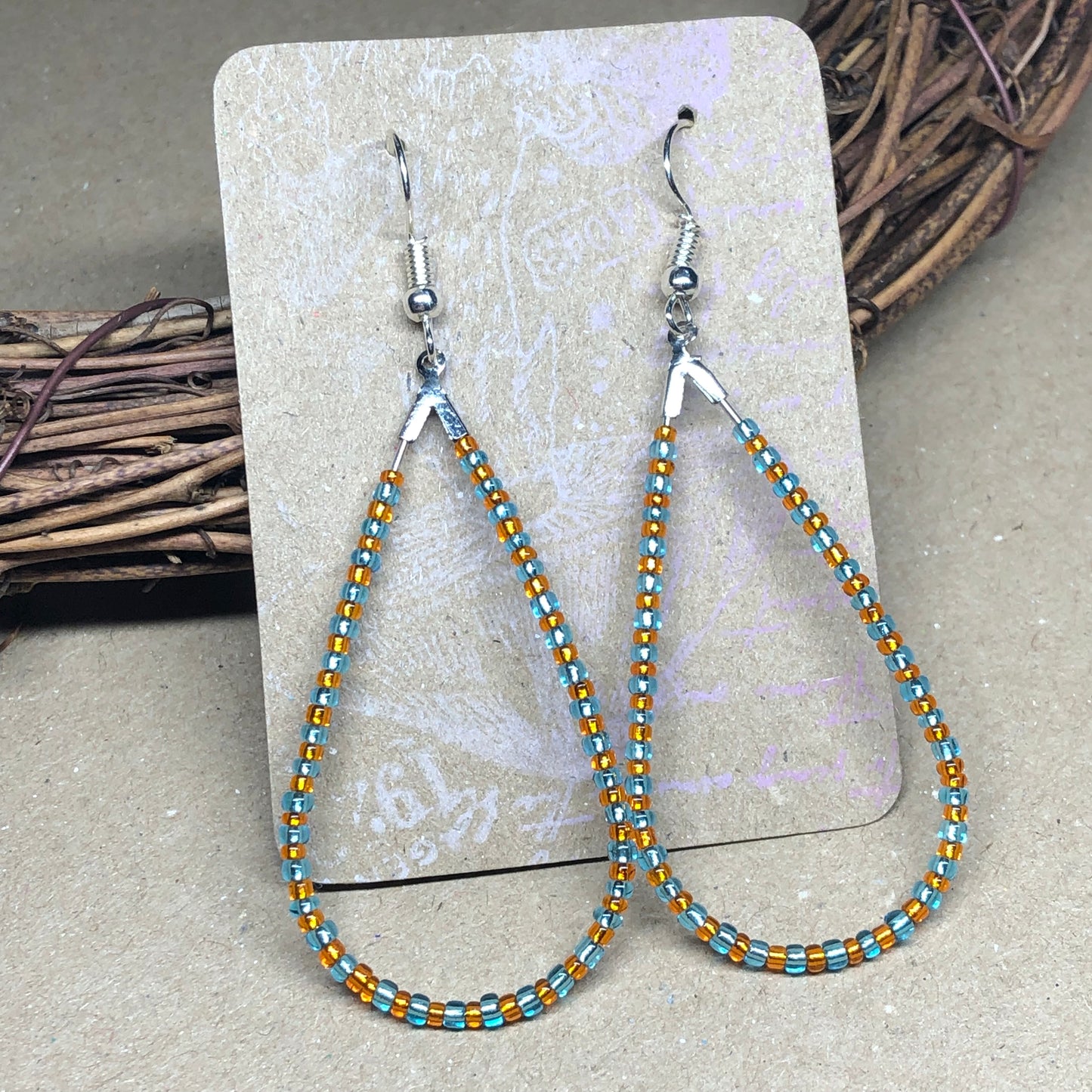 Orange and turquoise teardrop hoop earrings