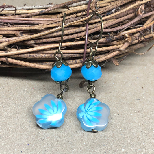 Blue flower and crystal earrings