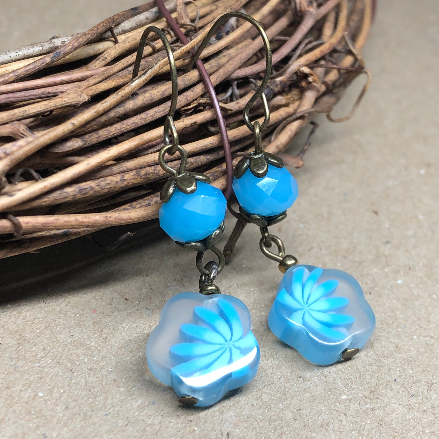 Blue flower and crystal earrings