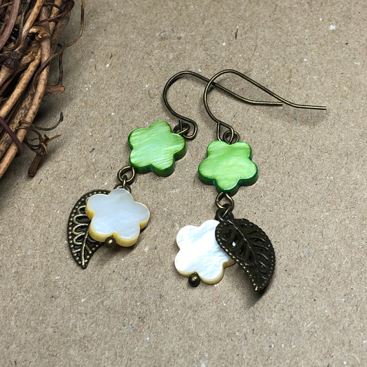 Green and yellow shell flower earrings