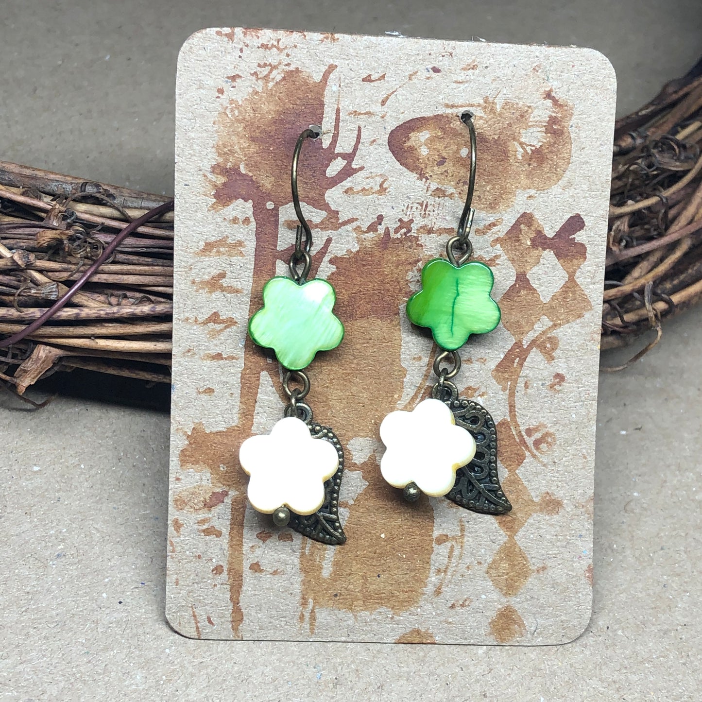 Green and yellow shell flower earrings