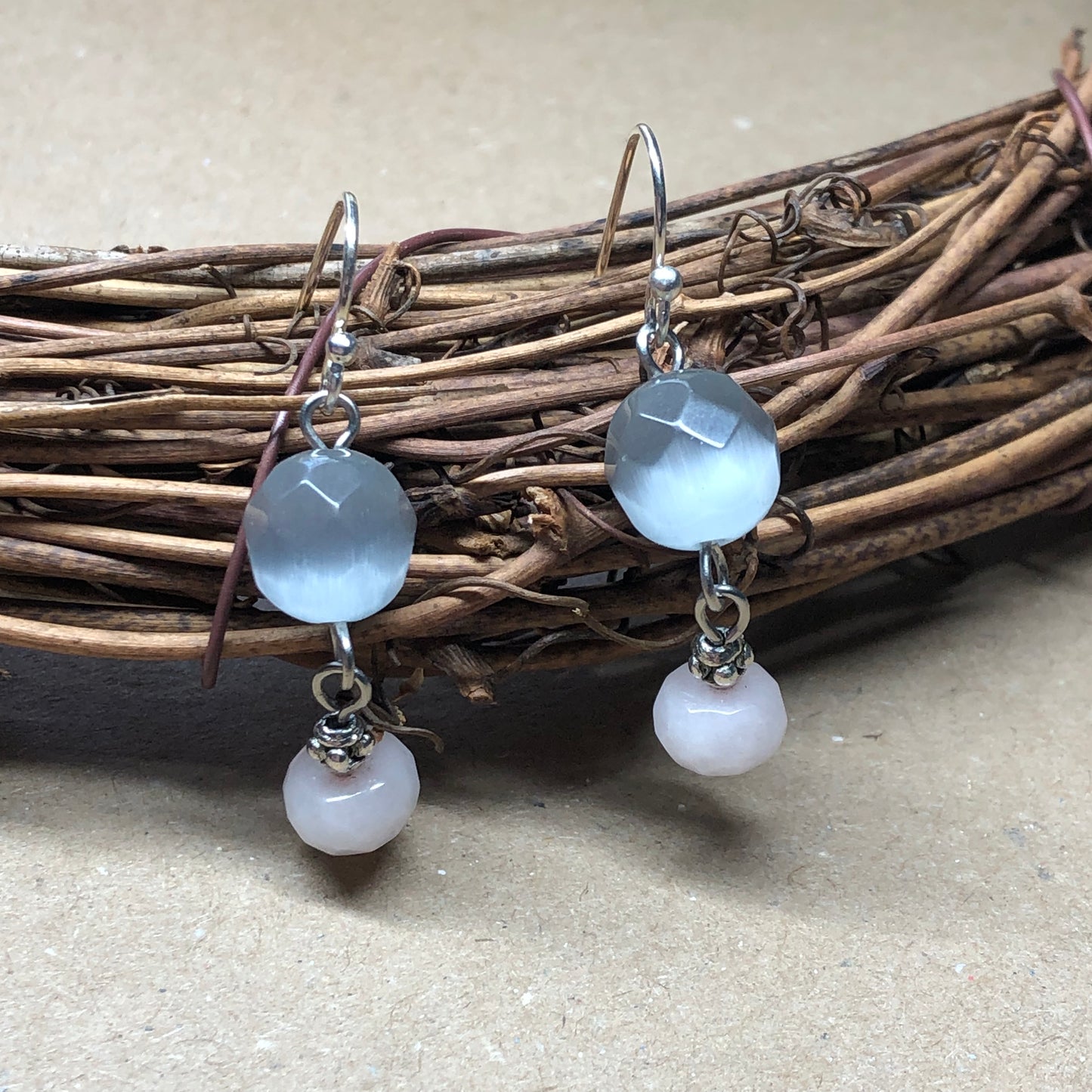 Rose Quartz and shimmer grey earrings