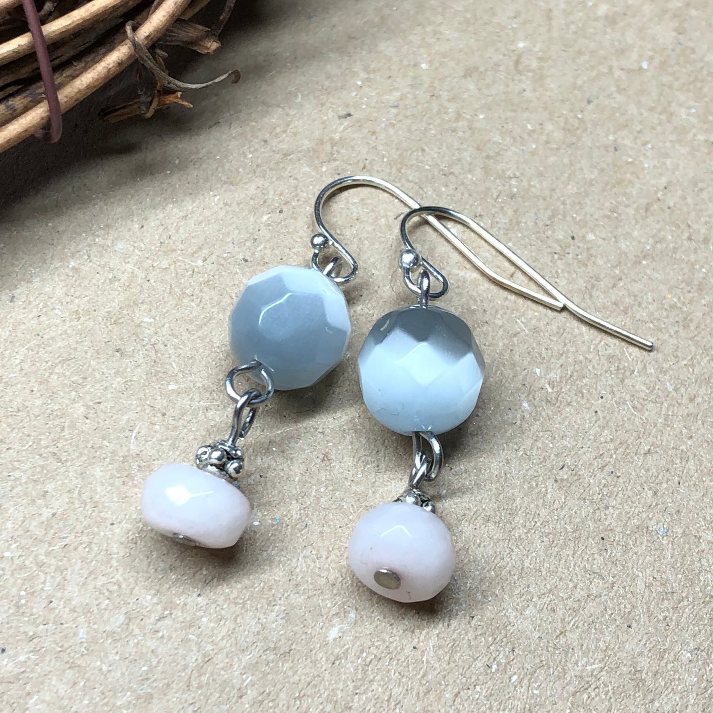 Rose Quartz and shimmer grey earrings