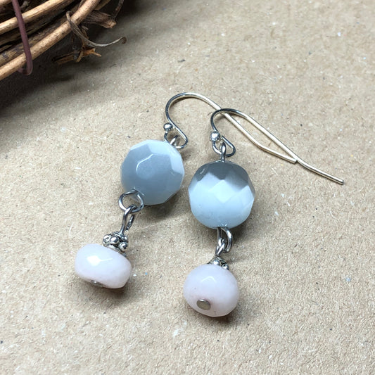 Rose Quartz and shimmer grey earrings