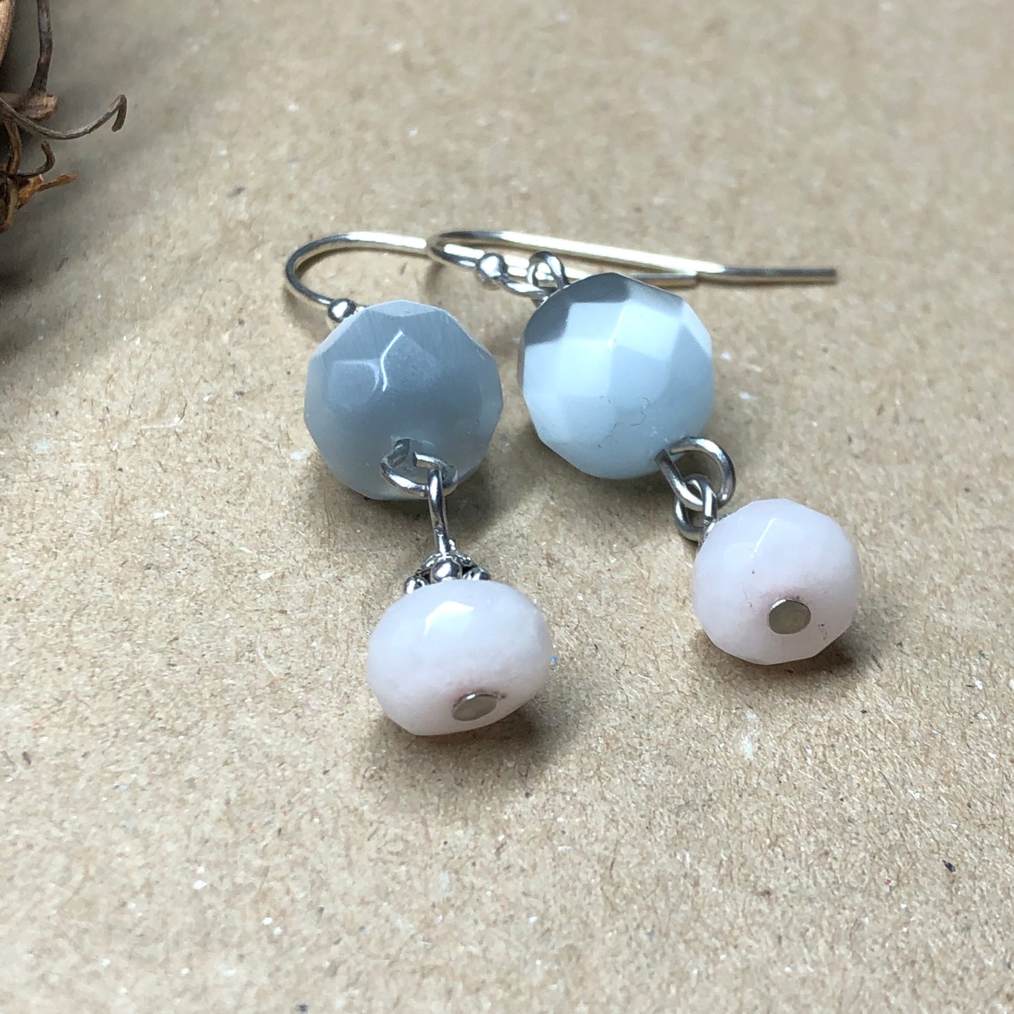 Rose Quartz and shimmer grey earrings