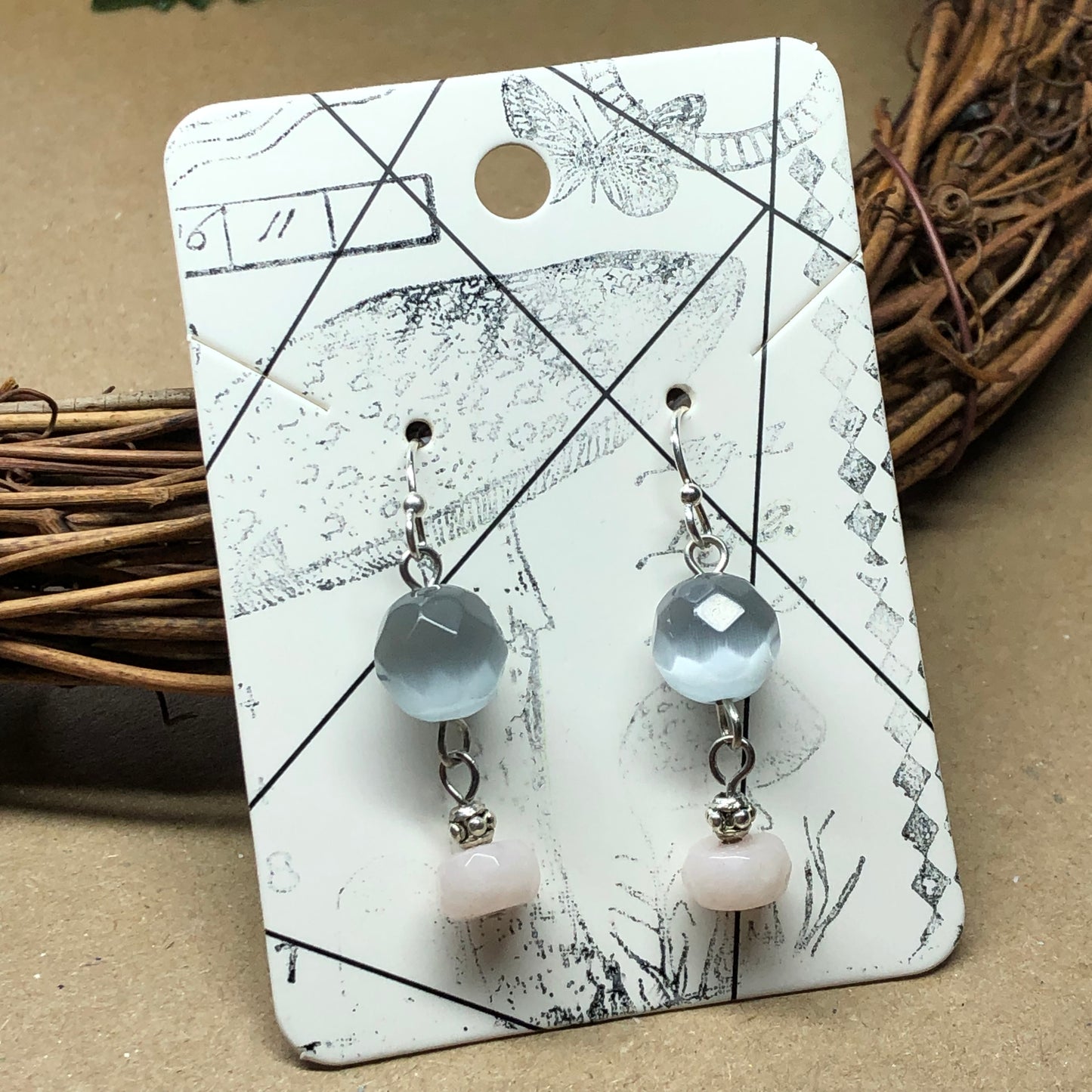 Rose Quartz and shimmer grey earrings