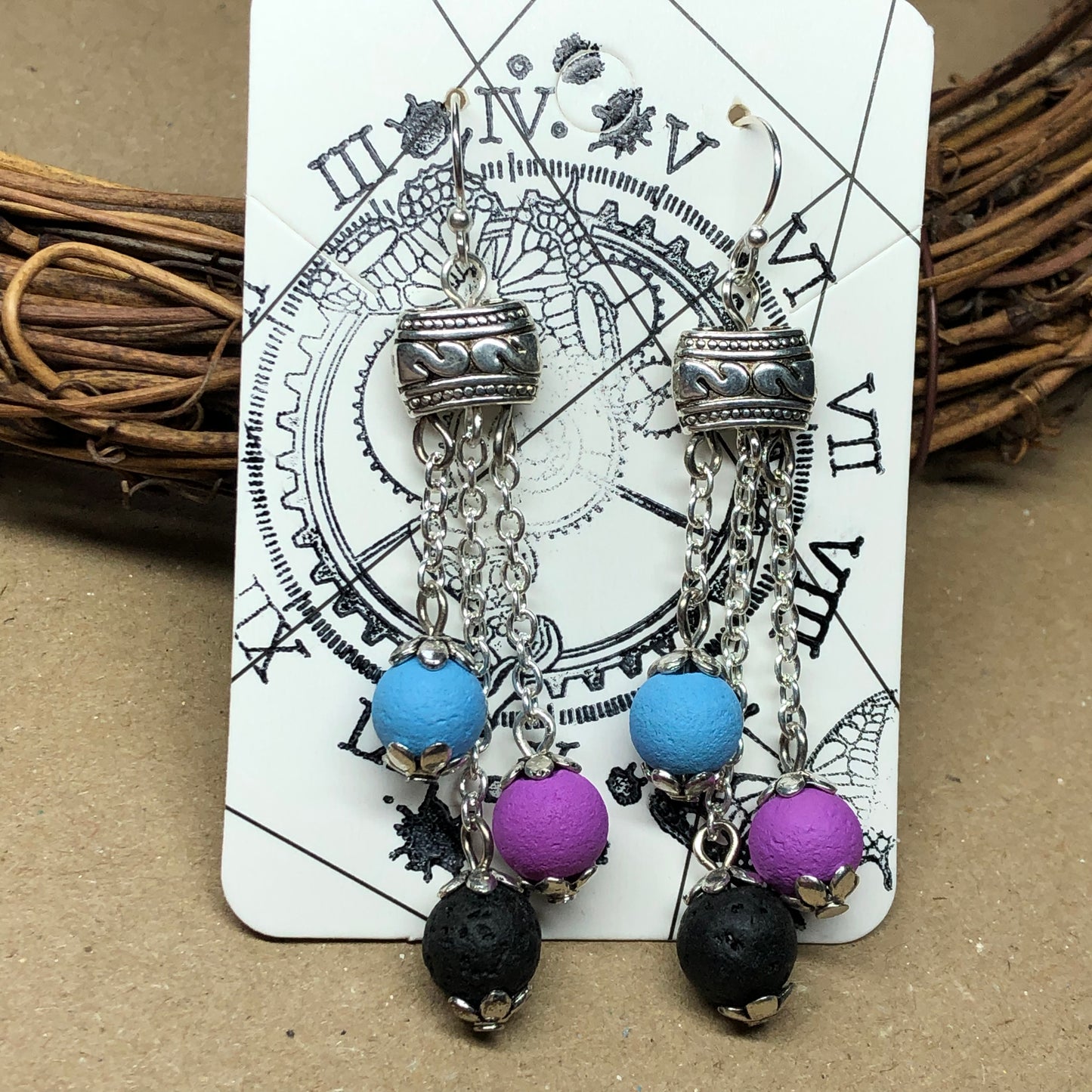 Purple blue and black lava stone earrings