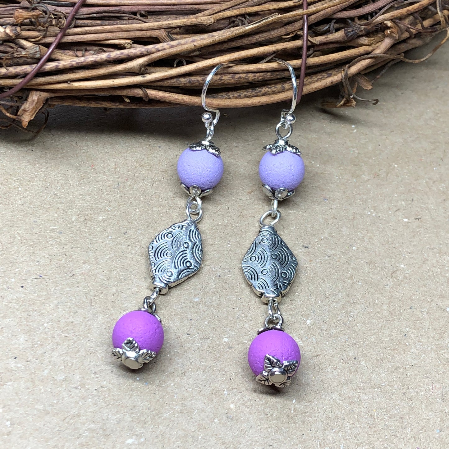 Purple lavender lilac lava stone earrings