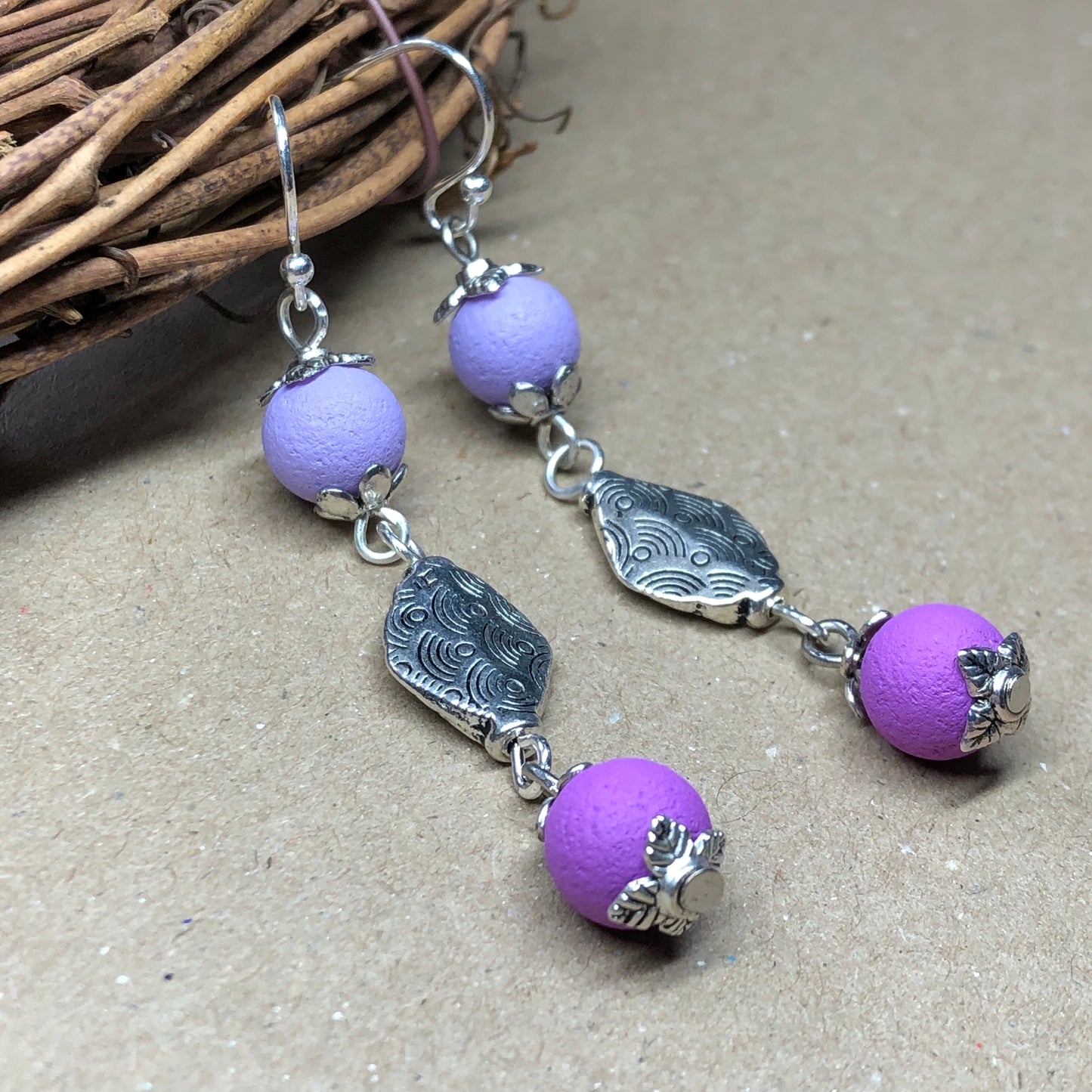 Purple lavender lilac lava stone earrings