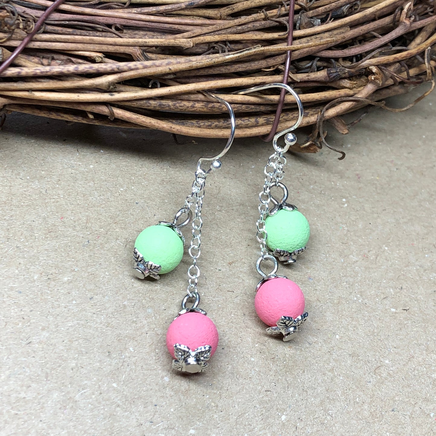 Pink and green lava stone dangle earrings