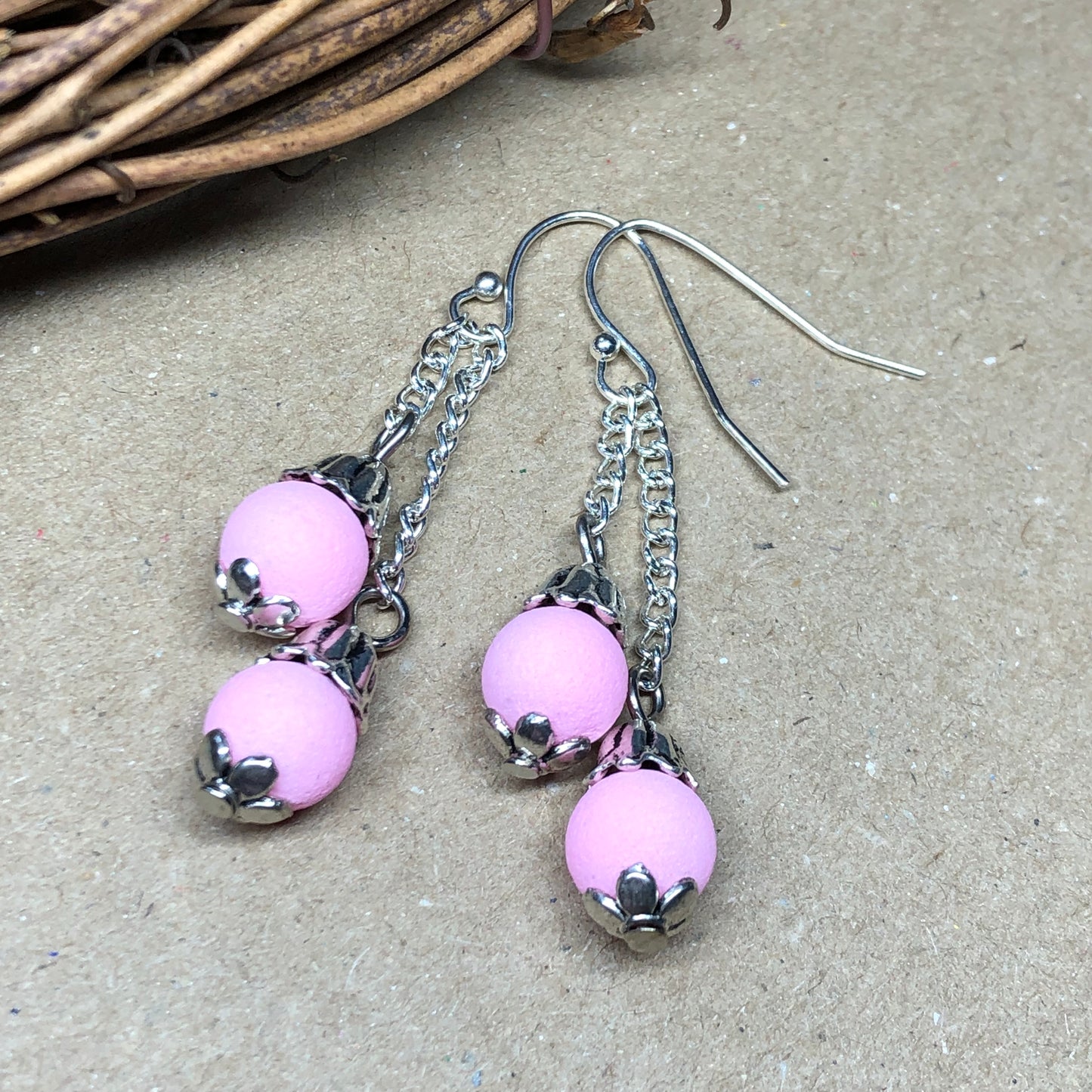 Pink lava stone chain dangle earrings