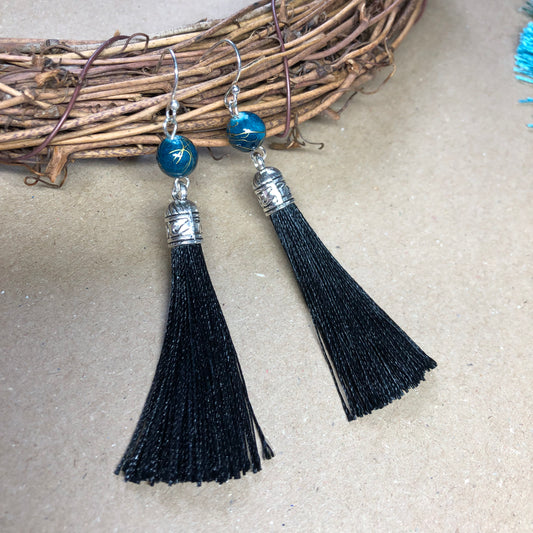 Black and blue tassel earrings