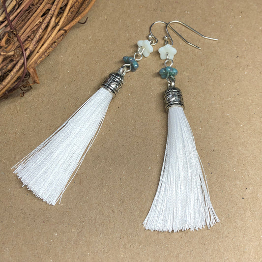 White tassel earrings with flowers