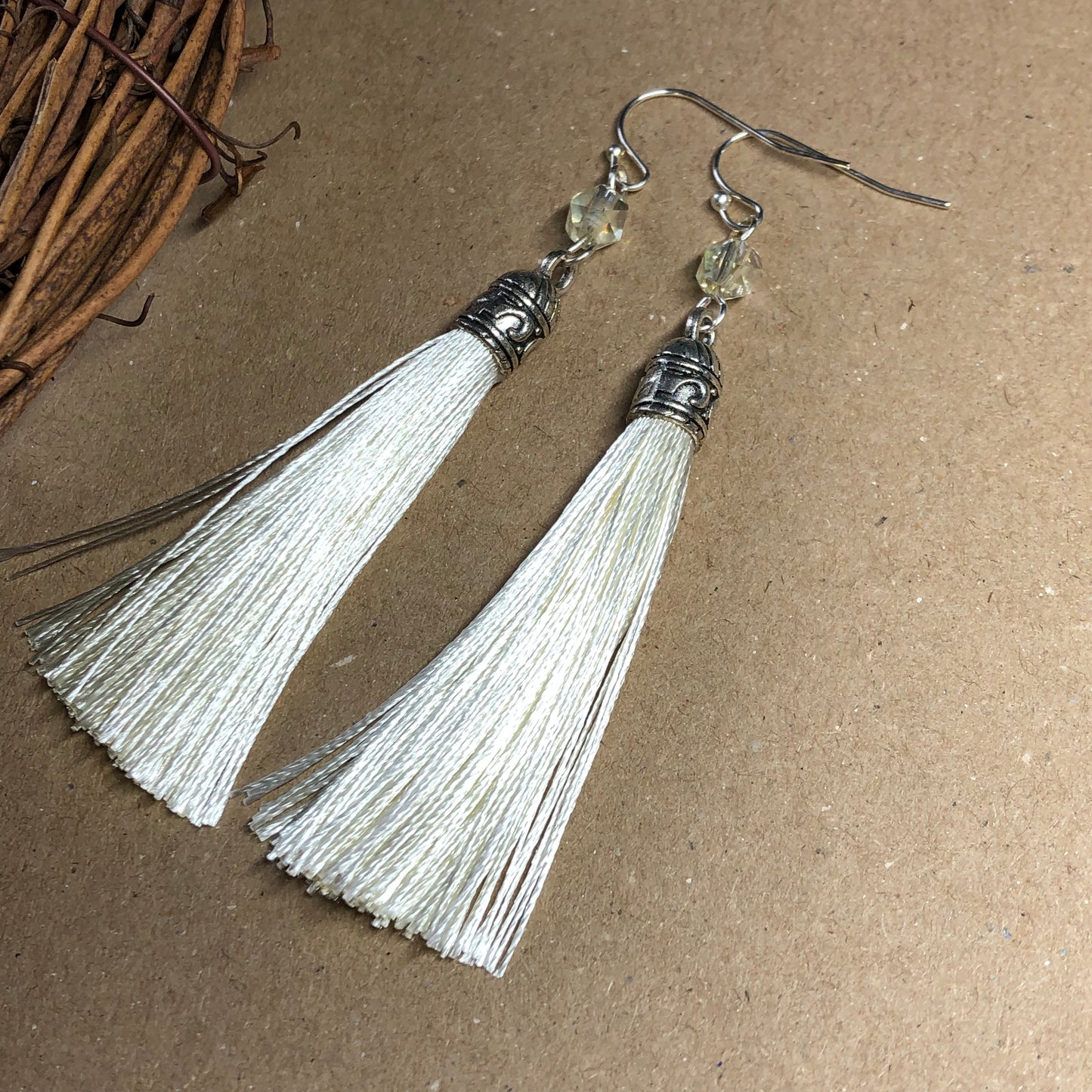 Cream tassel earrings with crystals