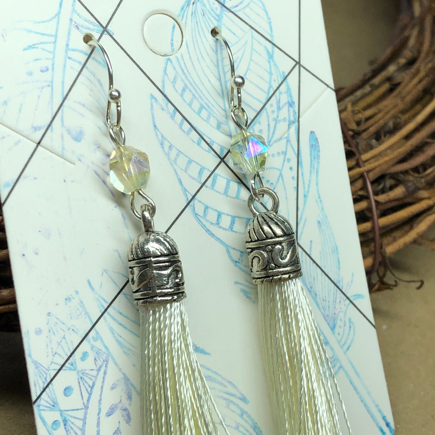 Cream tassel earrings with crystals