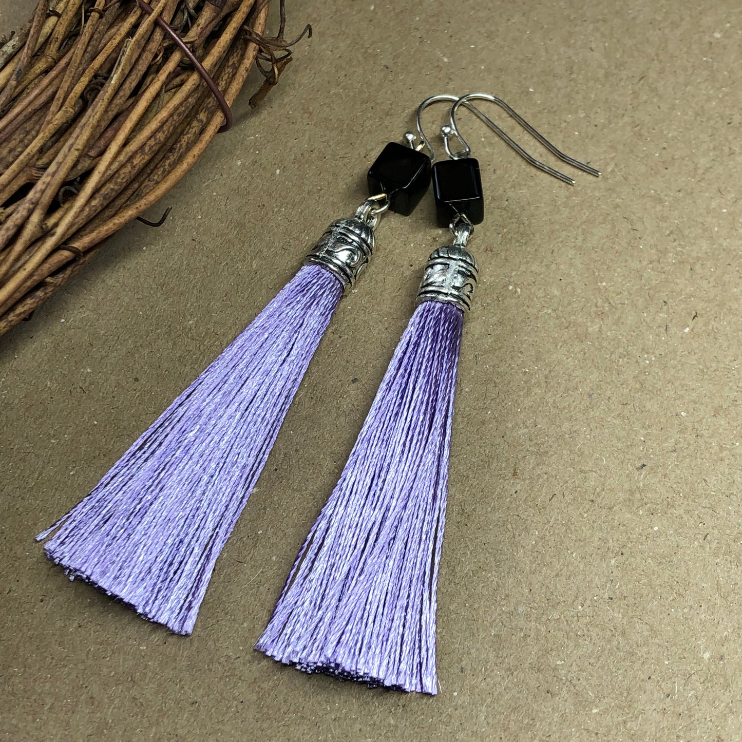 Lilac tassel earrings with black cubes