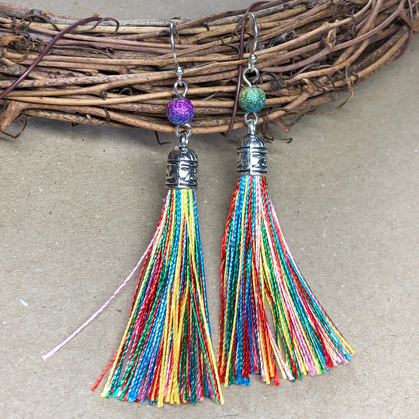 Rainbow tassel earrings with stardust beads