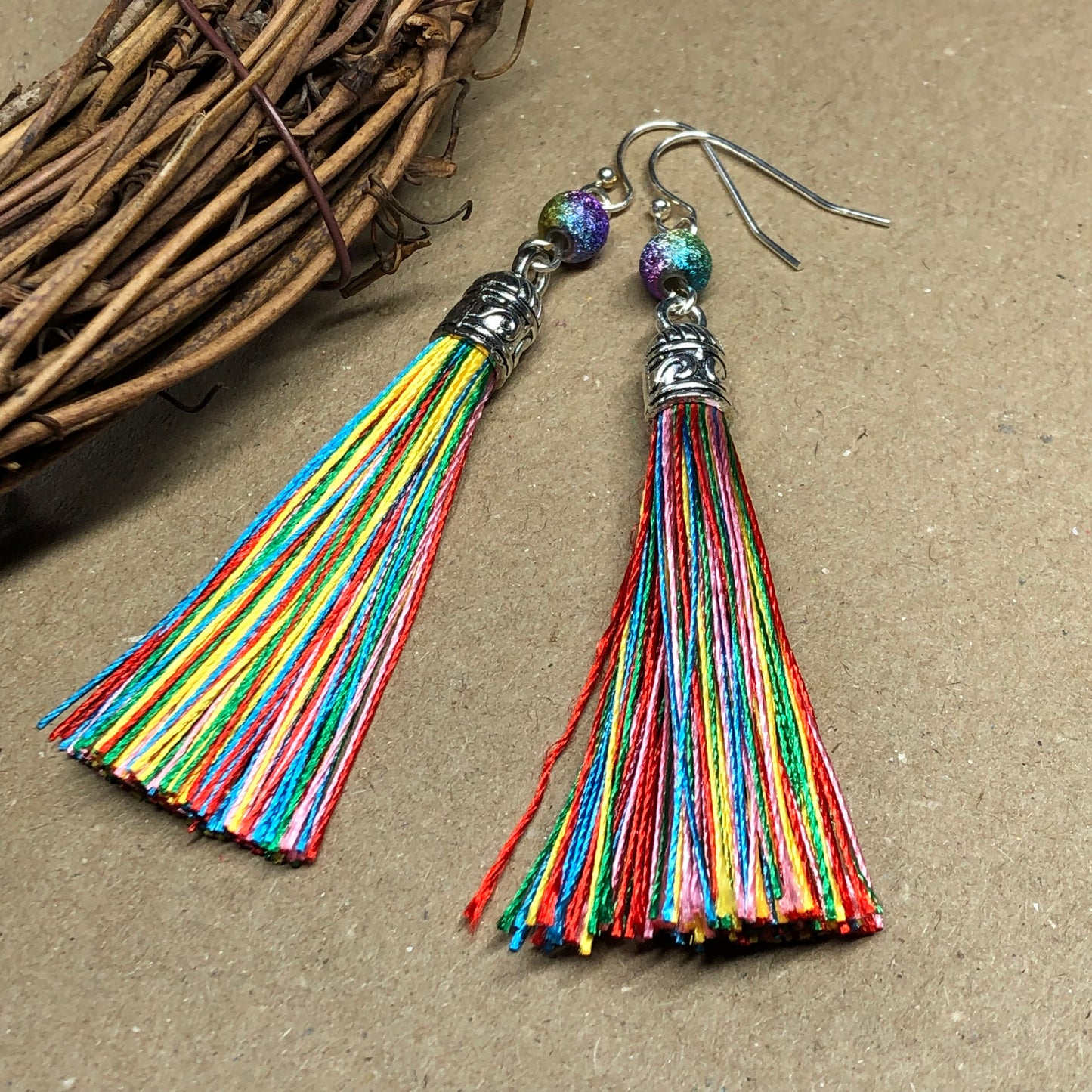 Rainbow tassel earrings with stardust beads