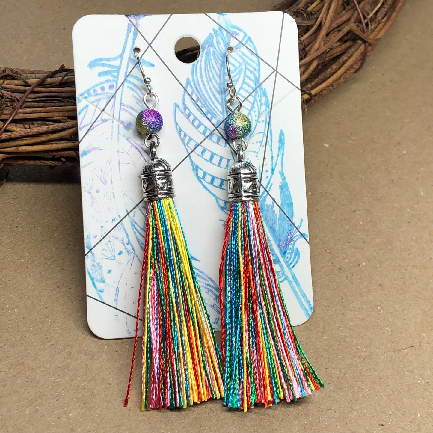 Rainbow tassel earrings with stardust beads