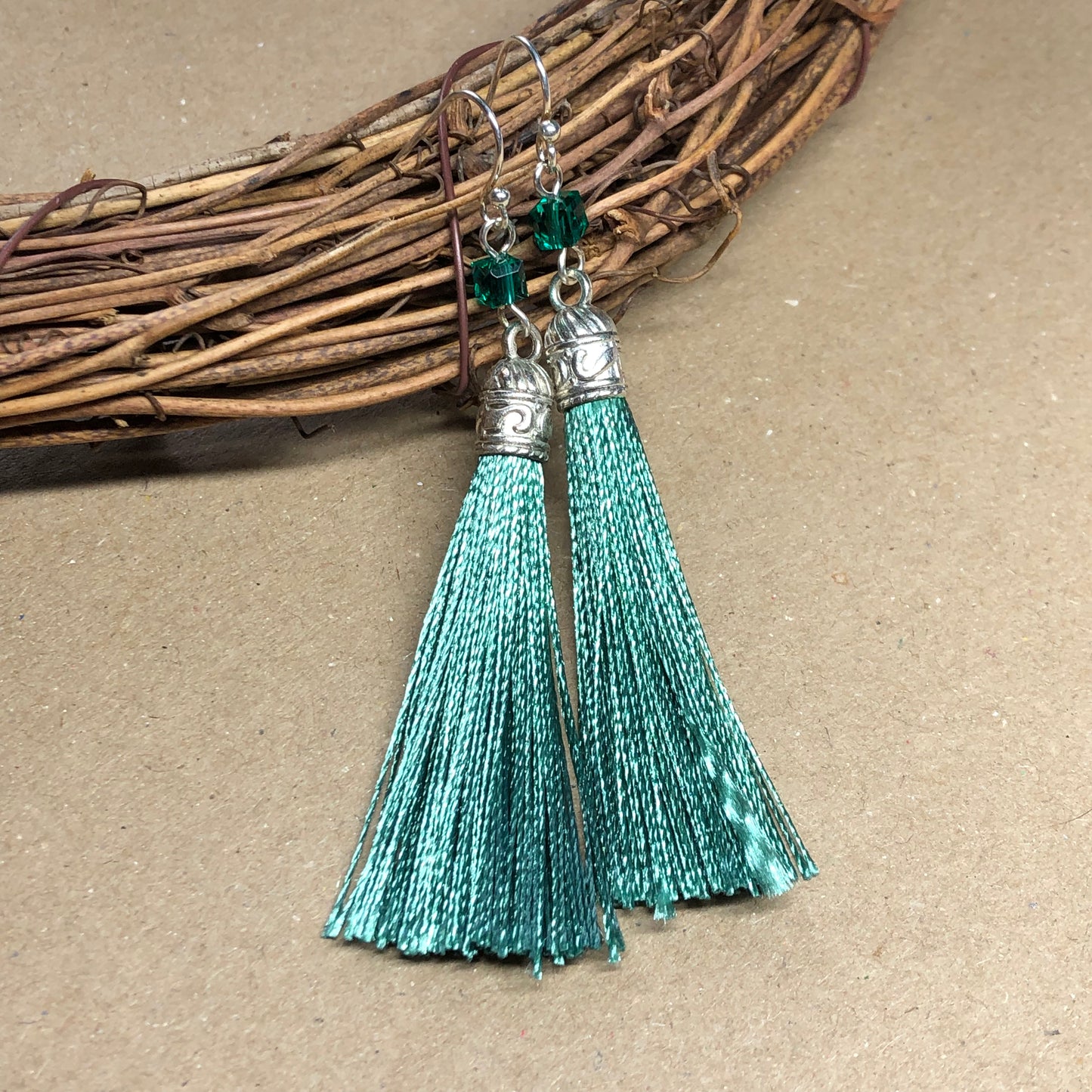 Moss tassel earrings with crystal cubes