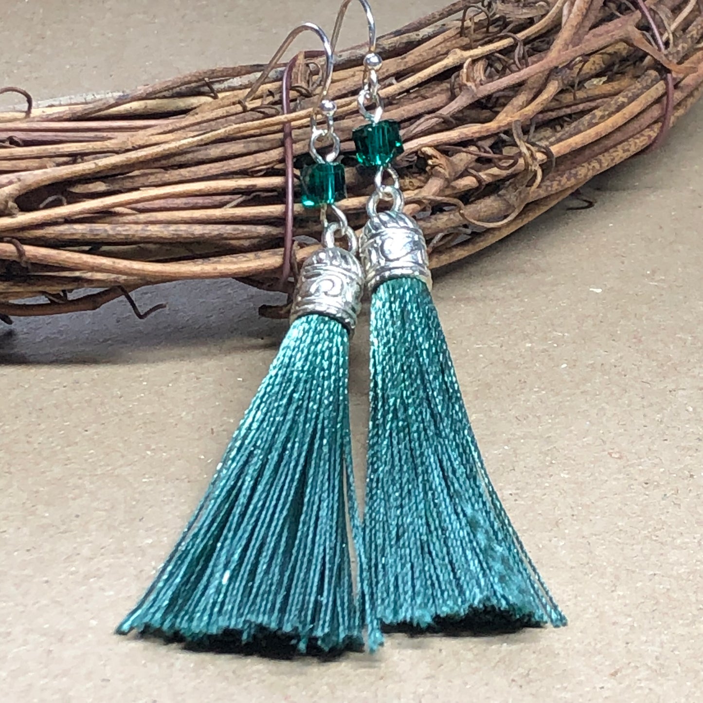 Moss tassel earrings with crystal cubes