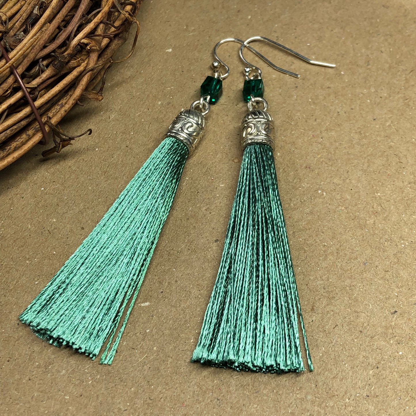 Moss tassel earrings with crystal cubes