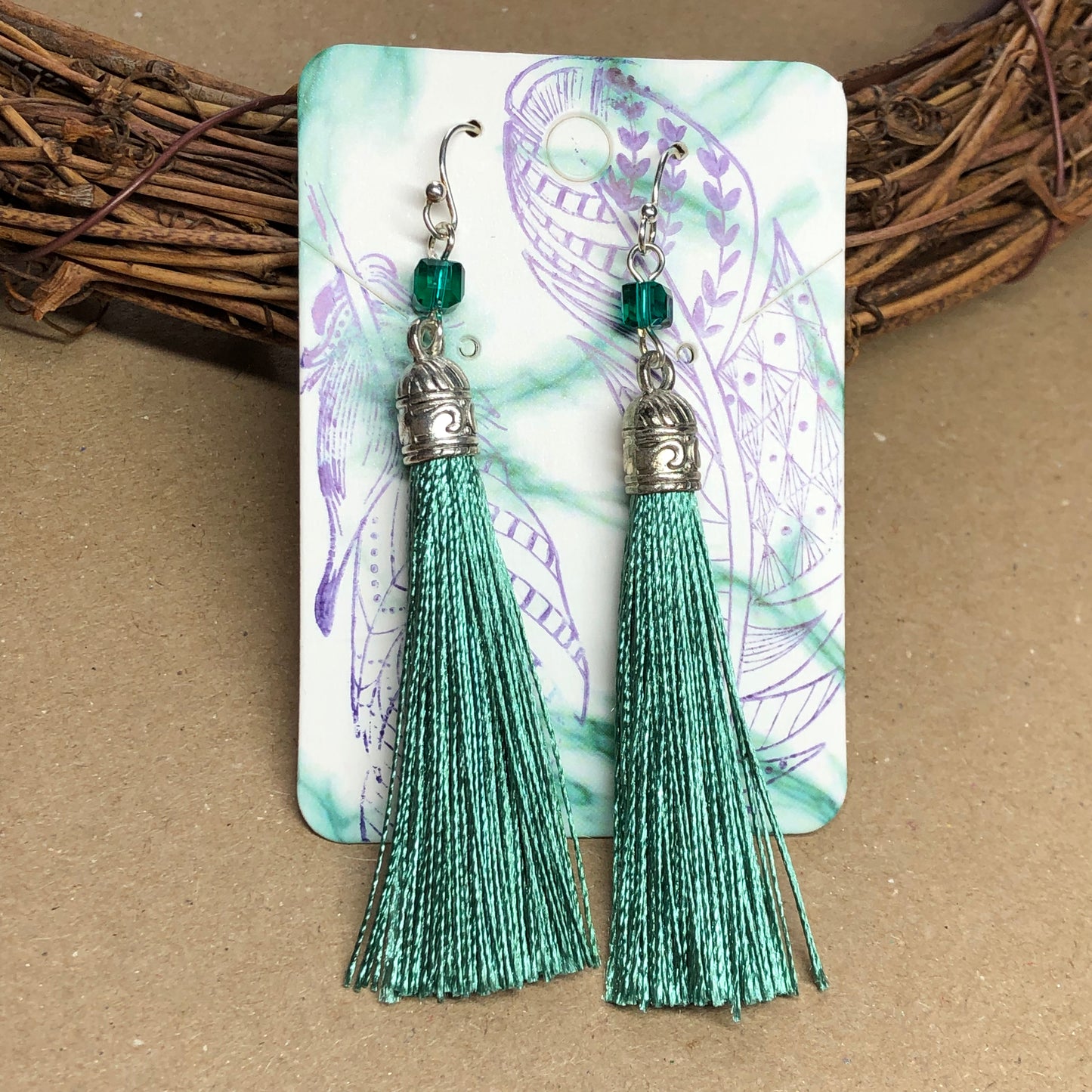 Moss tassel earrings with crystal cubes