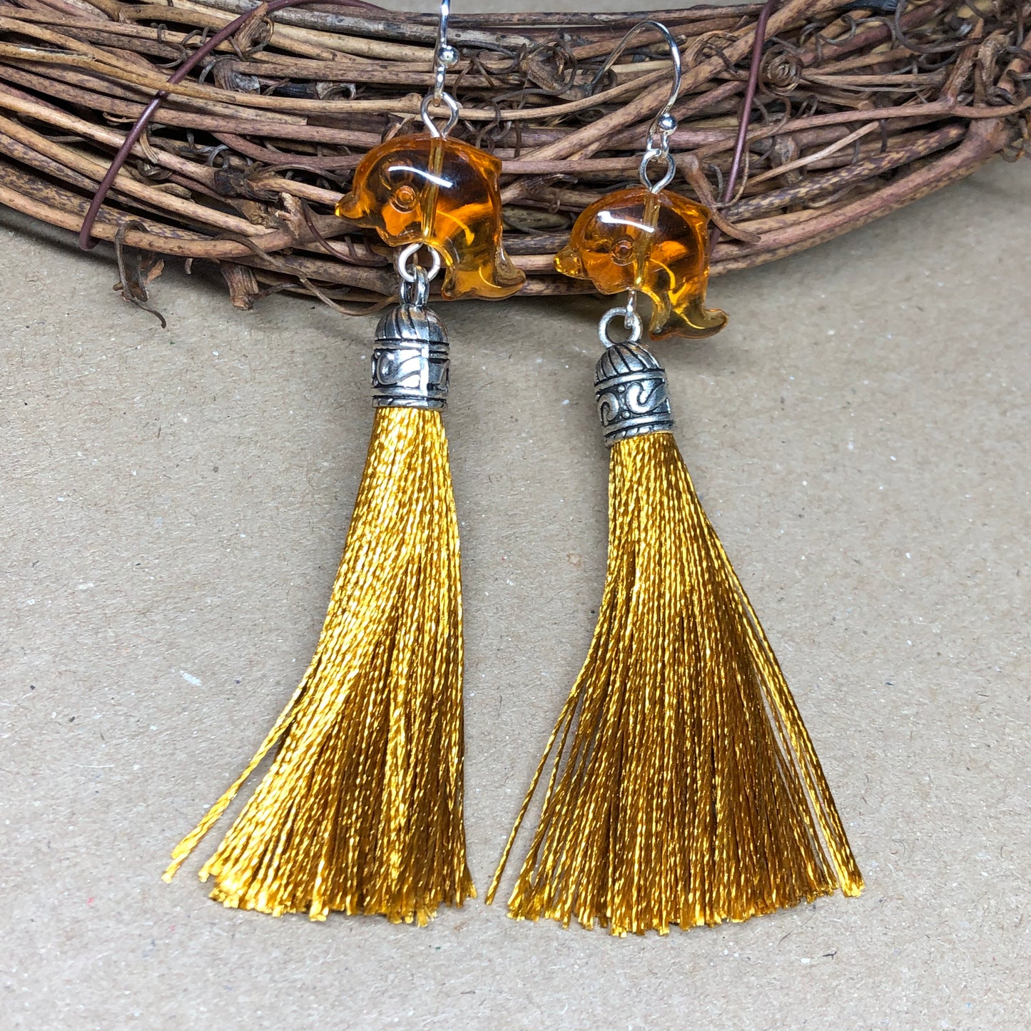 Wheat tassel earrings with dolphins