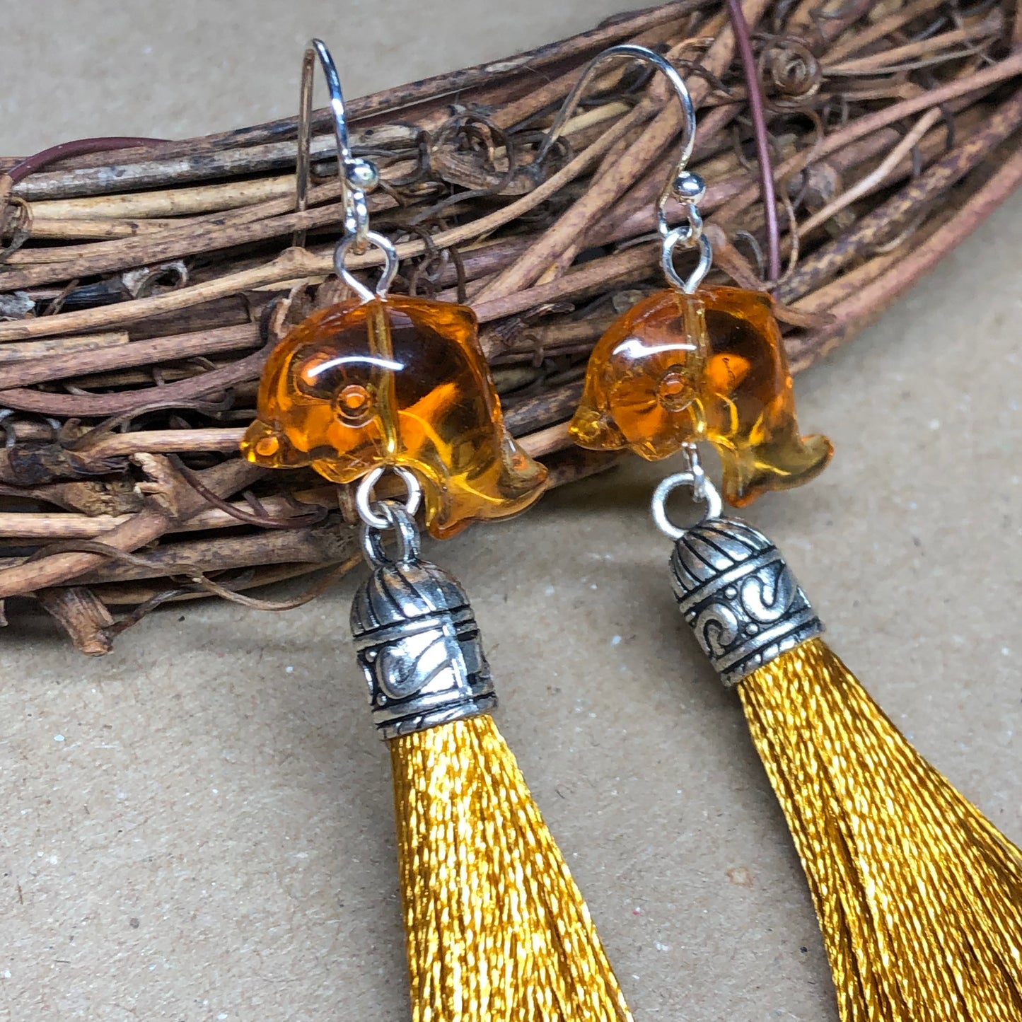 Wheat tassel earrings with dolphins