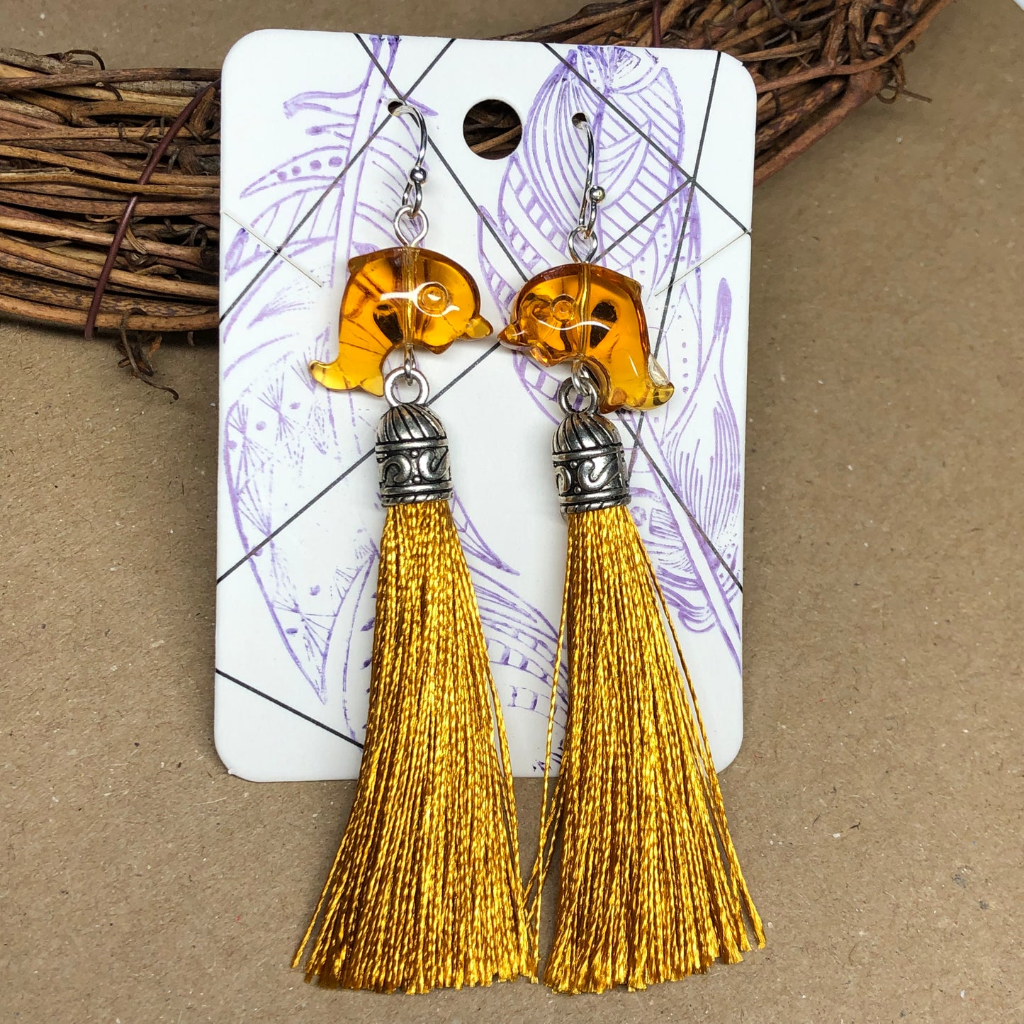 Wheat tassel earrings with dolphins