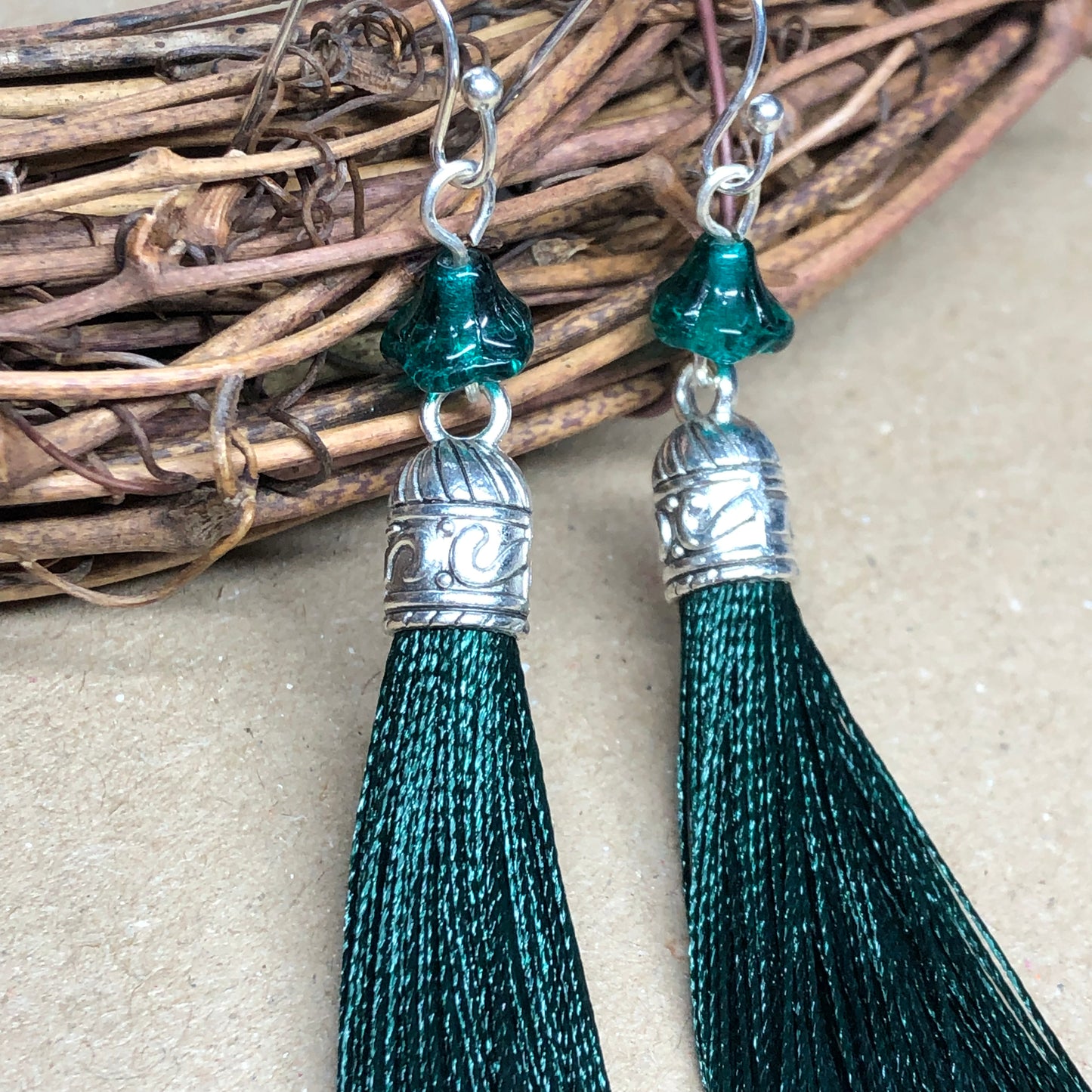 Forest tassel earrings with glass flowers