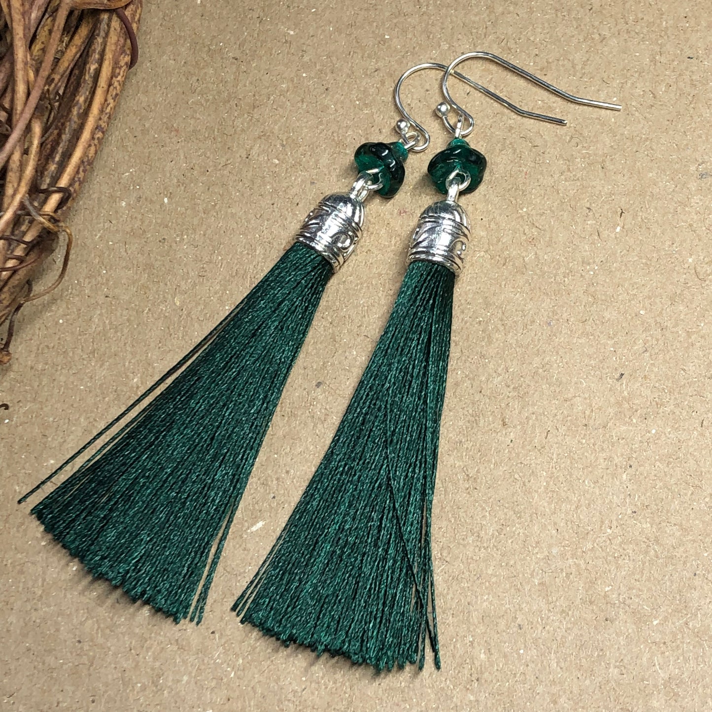 Forest tassel earrings with glass flowers